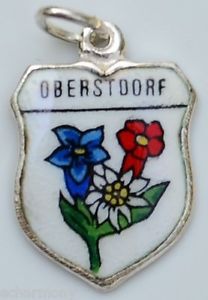 OBERSTDORF, Germany - Flower - Vintage Enamel Travel Shield Charm - Click Image to Close
